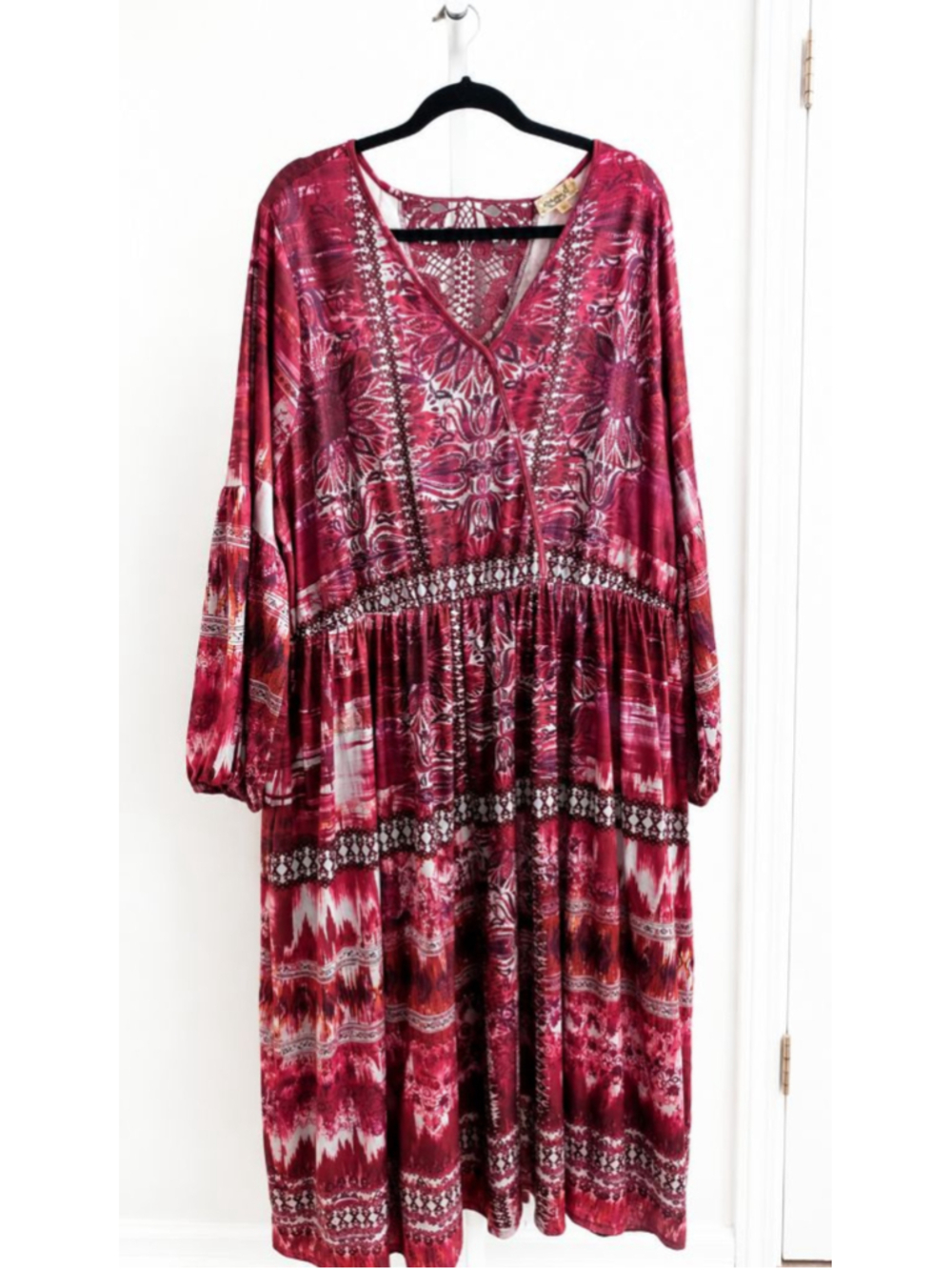 OneWorld Live And Let Live Boho Maxi Dress Crochet Back Long Sleeve Plus Size 2X